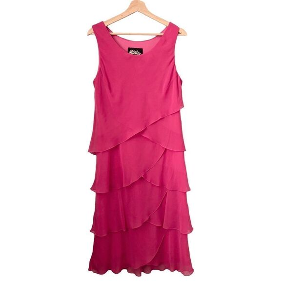 Vintage Ursula of Switzerland Chiffon Tulip Tiered Hem Sheath Dress in Pink 12 - Picture 2 of 9